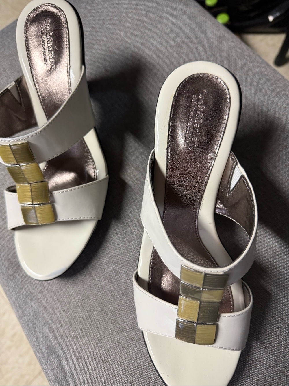 Women’s White Slide Sandals with Gold Accents Accents